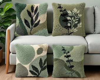 Olive Botanical Latch Hook Kit For Adults DIY Pillow Kits Cozy Cabin Interior Decor