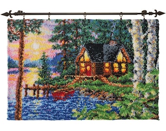 Lakeside Cabin Latch Hook Rug Kits Pre-Printed Canvas with Non-Slip Backing 102x69cm