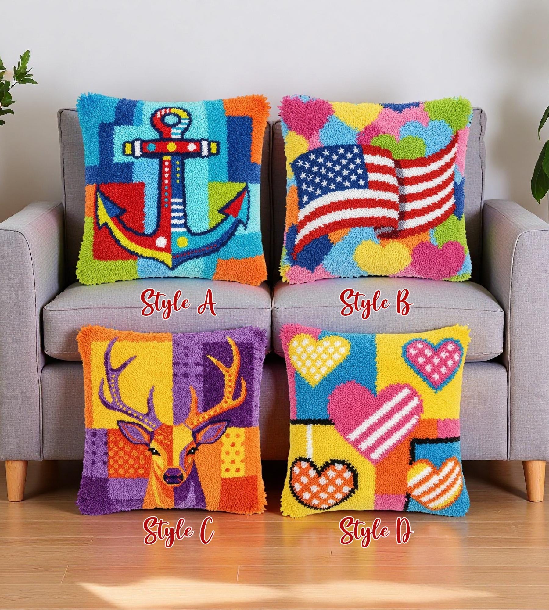 Latch Hook Cushion Kits: Nautical Anchor, USA Flag, Rustic Deer