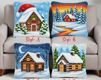 Rustic Mountain Cottage Latch Hook Pillow Kit Sunset Scenery Cushion Case DIY