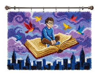 Flying Book DIY Latch Hook Kit Adult Yarn Rug Reading Nook Wall Art Decor