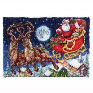 Santa's Schlittenfahrt Wollteppich Kits Vorbedruckte Leinwand mit rutschfester Rückseite 102 x 69 cm
