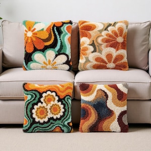 70s Retro Floral Latch Hook Pillow Kit Groovy Wavy Pattern Adult Yarn Art Craft