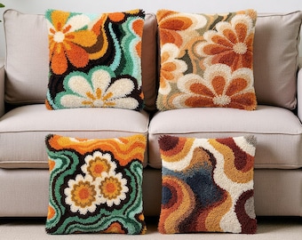 70s Retro Floral Latch Hook Pillow Kit Groovy Wavy Pattern Adult Yarn Art Craft