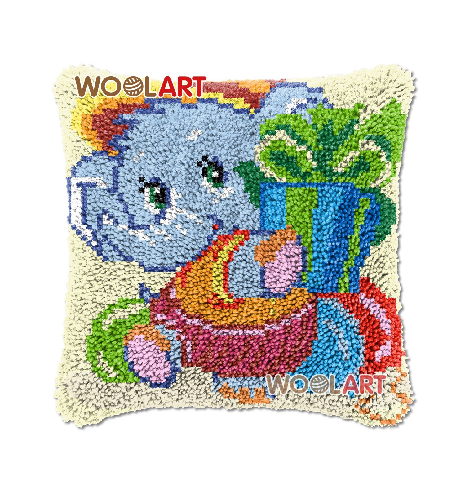 Little Elephant Latch Hook Cushion Cover Kits for Adults Blank Canvas
