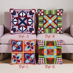 May include: Four decorative cushions with geometric patterns. Style A has a burgundy and white design. Style B features green and blue. Style C displays a floral pattern in orange and blue. Style D has a brown and red design.