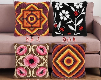 Retro 70s Geometric Latch Hook Kit Orange Mandala Pillow Cover Vintage Decor