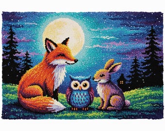 Kit per realizzare tappeti fai da te con gancio a forma di volpe, gufo e coniglio, tela prestampata 102 x 69 cm