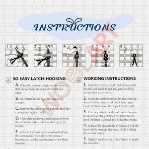 Puede incluir: Instrucciones para hacer un tapiz con latch hooking. La imagen muestra cinco pasos con ilustraciones de c&oacute;mo enganchar el hilo en un lienzo. El texto incluye el t&iacute;tulo "SO EASY LATCH-HOOKING" y "WORKING INSTRUCTIONS".