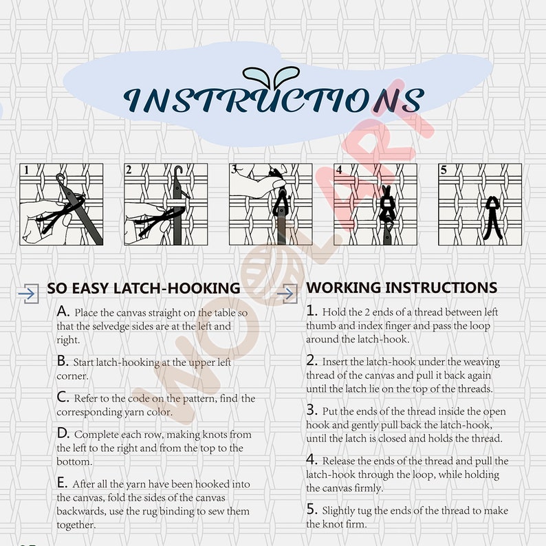 Puede incluir: Instrucciones para hacer un tapiz con latch hooking. La imagen muestra cinco pasos con ilustraciones de c&oacute;mo enganchar el hilo en un lienzo. El texto incluye el t&iacute;tulo "SO EASY LATCH-HOOKING" y "WORKING INSTRUCTIONS".