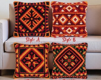 Red Orange Latch Hook Pillow Kit Warm Tone Geometric Rug Making Set