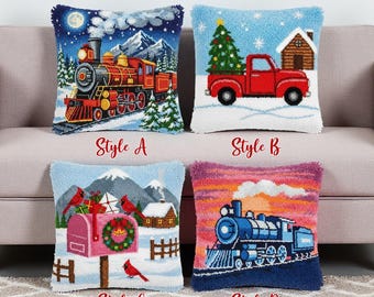 Steam Train Rug Hooking Kit Snowy Locomotive Landscape Cushion DIY Hobby Gift