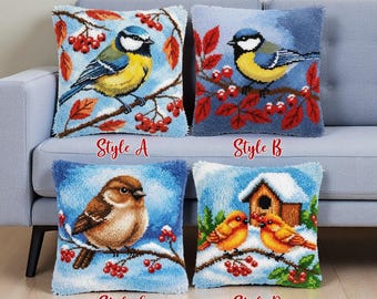 Blue Tit Bird Latch Hook Kit Winter Berry Branch Pillow Cover Nature