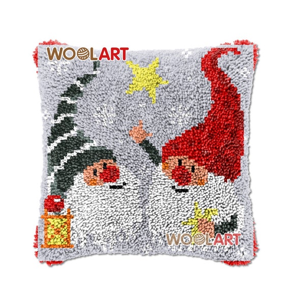 Two Christmas Gnomes Latch Hook Cushion Cover Kits for Adults Blank Canvas  