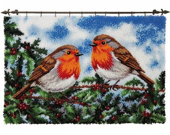 Winter Robin Birds Latch Hook Kit DIY Rug Making Kit Pre-Printed Canvas 102x69cm