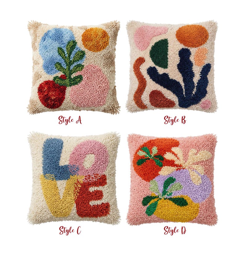 May include: Four square decorative throw pillows with abstract designs. Styles include colorful shapes, botanical motifs, and the word "LOVE". Each pillow has a textured, off-white background and a fringed border. The text "Style A", "Style B", "Style C", and "Style D" are below each pillow.