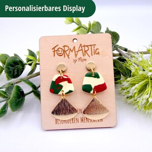 Handgefertigte Fimo Ohrringe Camouflage | Grün Rot Gold | Statement Ohrhänger | Edelstahl vergoldet | Boho Schmuck | Blatt Design | Geschenk