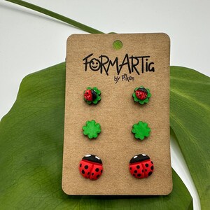 Puede incluir: Un conjunto de seis pendientes de mariquita y trébol en una tarjeta marrón con el texto "Formartic by Pikee".