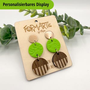 Emma 015 // elegant, handmade, green patterned drop earrings made of polymer clay, wood, and gold-plated stainless steel // round shapes