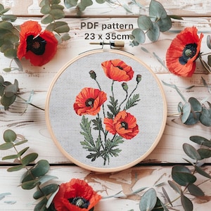 Poppy flowers Bouquet PDF cross-stitch pattern, Digital cross-stitch, PDF cross-stitch poppy flower, poppy cross-stitch, summer red poppies