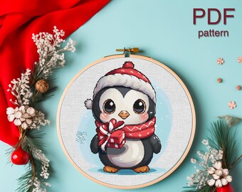 Christmas Penguin Cross-Stitch Pattern, Cute Holiday Design (PDF)