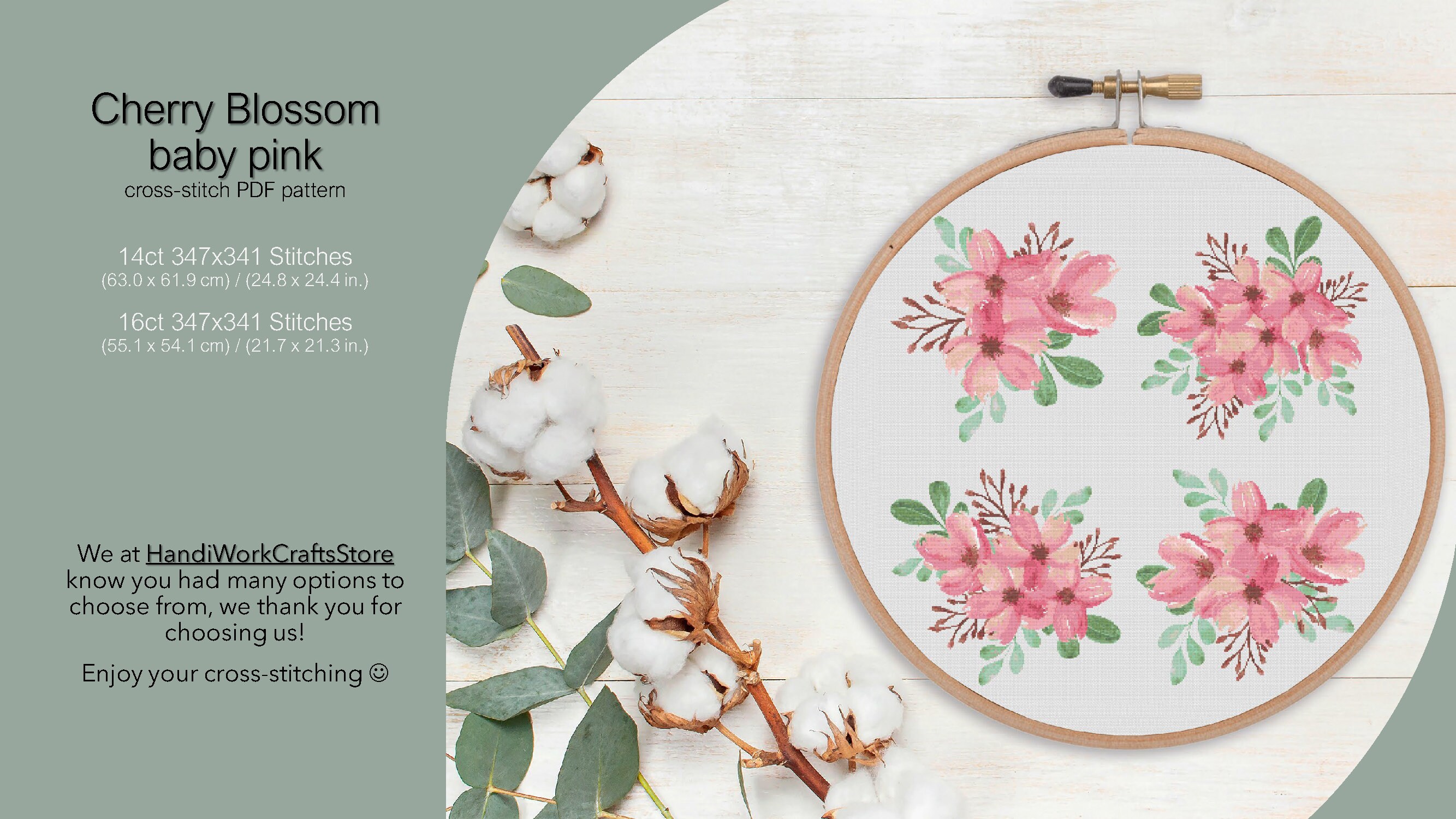 Cherry Blossom in Baby Pink PDF Cross-stitch, PDF Cross Stitch Pattern ...
