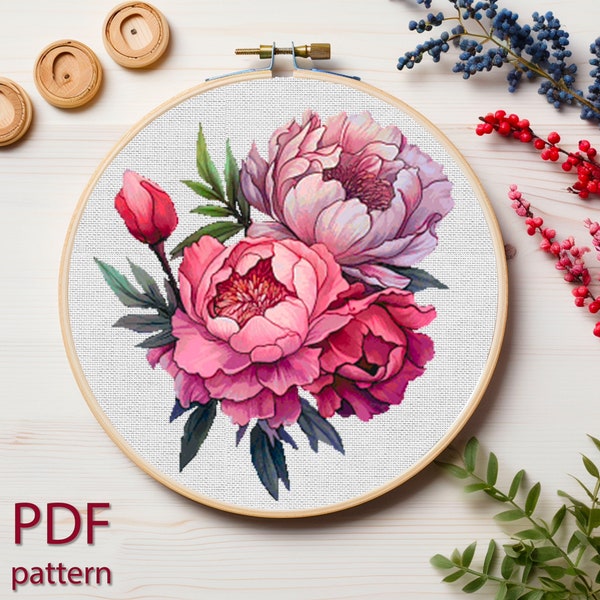 Peonies Bouquet PDF cross-stitch pattern, Digital cross-stitch, PDF cross-stitch peony flower, pink peony cross-stitch, summer pink peonies