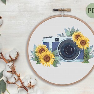 Camera and Sunflowers Cross Stitch Pattern (PDF Download)