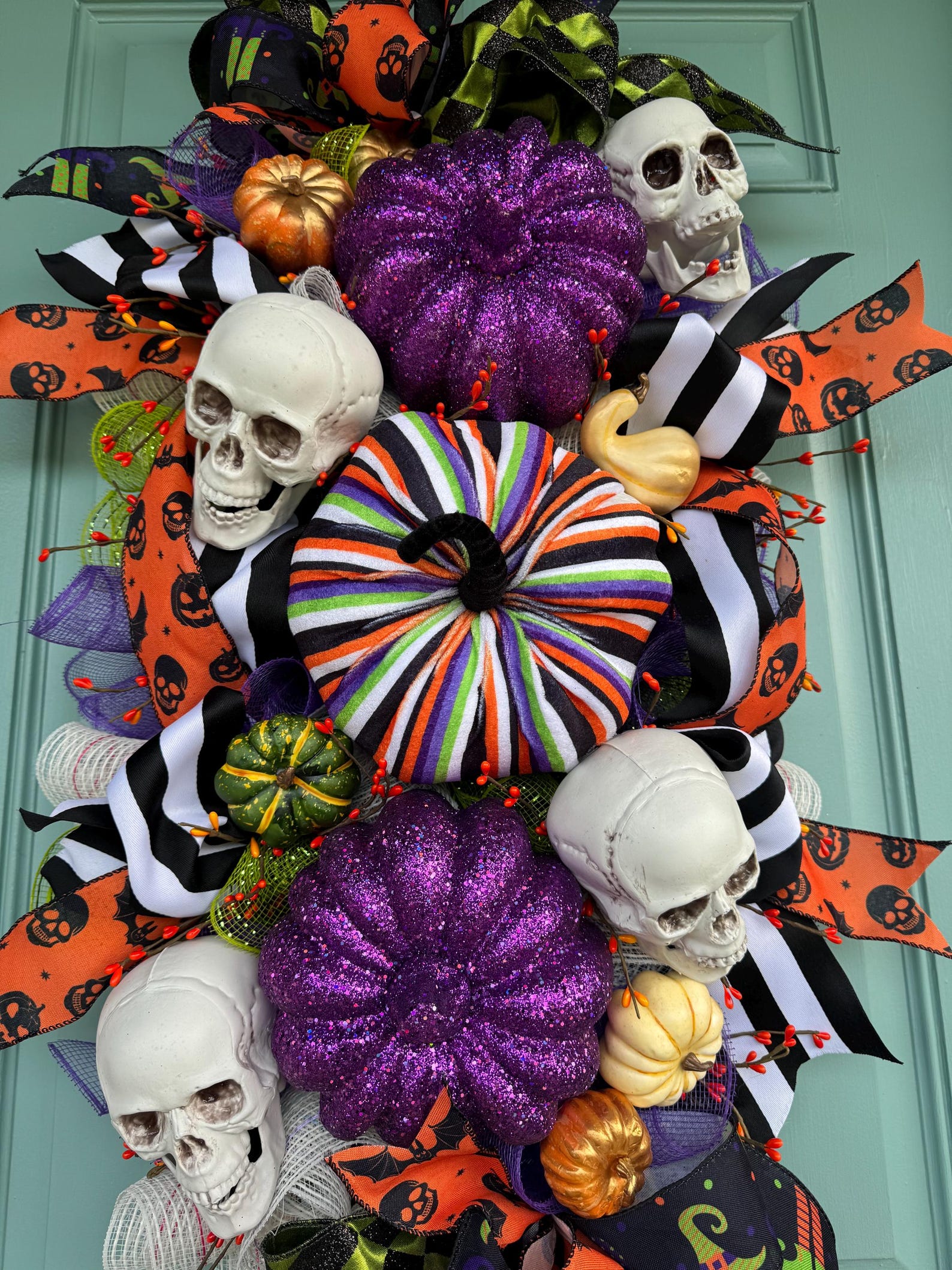 Striped Pumpkin Halloween Swag in Purple, Green, White, Orange & Black ...