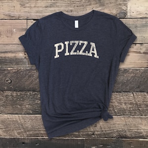 PIZZA, Distressed Funny T-Shirt, Super Soft Bella Canvas Unisex Short Sleeve T-Shirt, Varsity Shirt, Great Gift Idea For Pizza Lovers Heather Midnight Nav