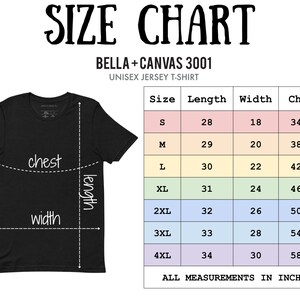 May include: Size chart for Bella + Canvas 3001 unisex jersey t-shirt. The chart shows measurements in inches for length, width, and chest for sizes S through 4XL.