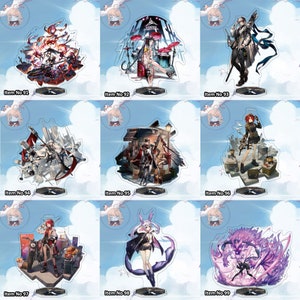 以下が含まれることがあります： アーknightsゲームのアニメキャラクターをフィーチャーした9つのアクリルキャラクタースタンド。スタンドは透明で黒いベースがあり、さまざまなポーズと設定でさまざまなキャラクターを特徴としています。キャラクターは、赤、青、緑、紫など、さまざまな色で描かれています。