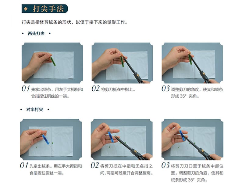 May include: A step-by-step guide with text in Chinese characters, demonstrating how to trim threads with scissors. The images show hands manipulating scissors and threads, with close-ups of the process.