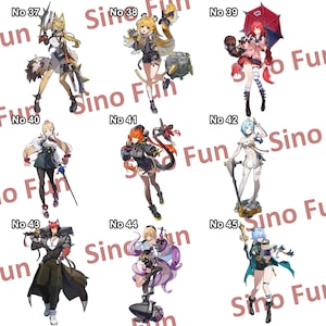 May include: Nine colorful anime-style character illustrations. Each character is numbered and depicted in dynamic poses, wearing unique outfits with fantasy elements. The characters have a variety of hair colors and accessories.