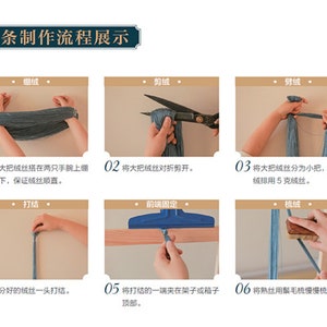 May include: A step-by-step guide in Chinese characters demonstrating the process of making yarn. The guide shows the steps from preparing the yarn to combing it. The background is a light beige color.
