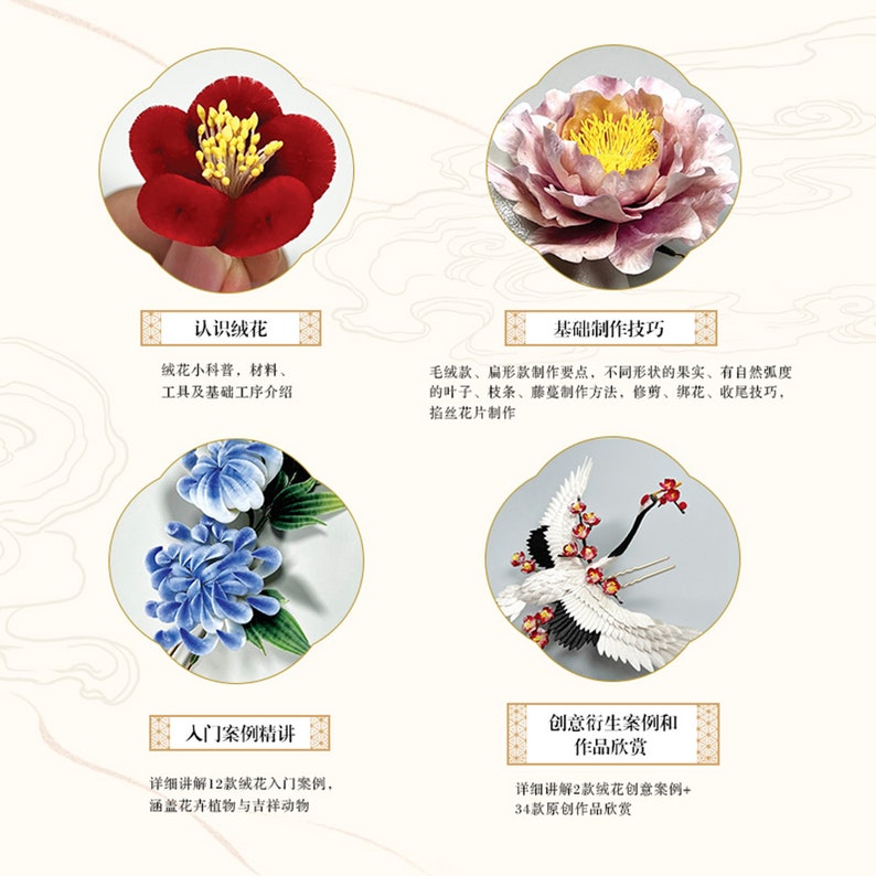 May include: A collage showcasing four examples of handcrafted fabric flowers. The image includes a red flower, a pink and yellow flower, a blue flower, and a crane with red flowers. Text in Chinese characters accompanies each flower, describing techniques and examples.