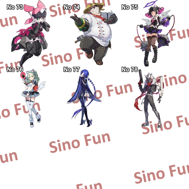 May include: A collection of six anime-style character illustrations. The characters are diverse, with varying outfits and accessories. The color palette includes pink, black, white, and blue. The text "Sino Fun" is visible in the image.