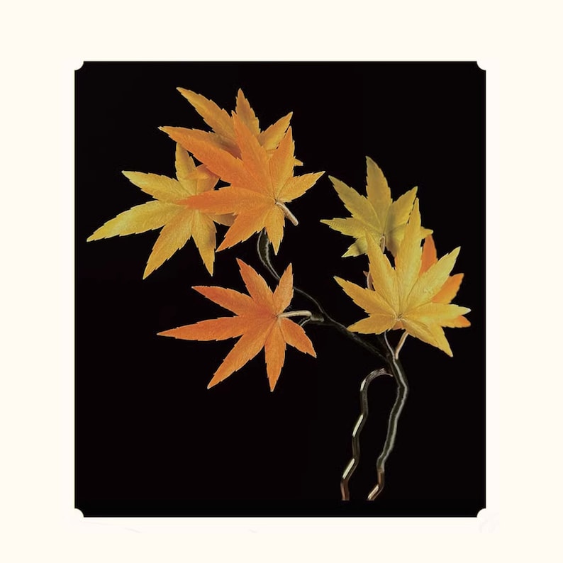 May include: A decorative hair accessory featuring a cluster of stylized maple leaves in shades of yellow and orange. The leaves are attached to a slender, curved stem with a hairpin base, set against a black background.