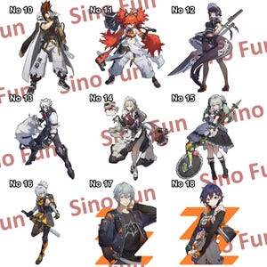 May include: A collection of anime-style character illustrations, each numbered and featuring unique outfits and poses. The characters are depicted in various action poses, with a mix of modern and fantasy elements.