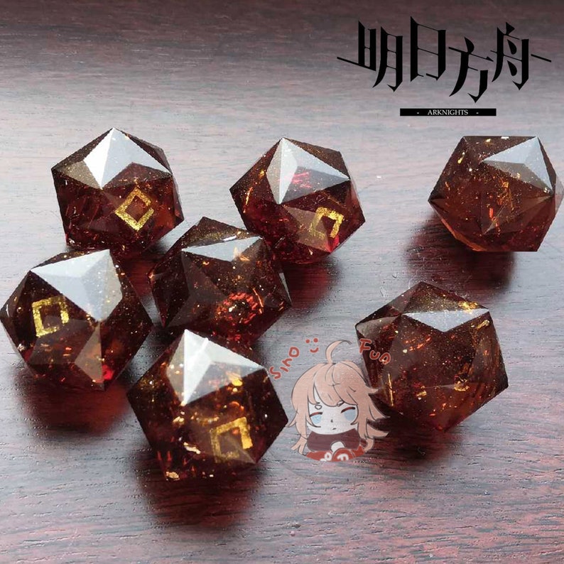 May include: Seven brown, multi-faceted dice with gold accents. The dice are scattered on a wooden surface. The text "明日方舟" is written in gold on a black background above the dice.