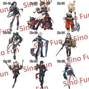 May include: A collection of nine anime-style character illustrations, each numbered. The characters are depicted in various action poses, wearing detailed outfits with weapons and accessories. The color palette includes black, red, and gold.