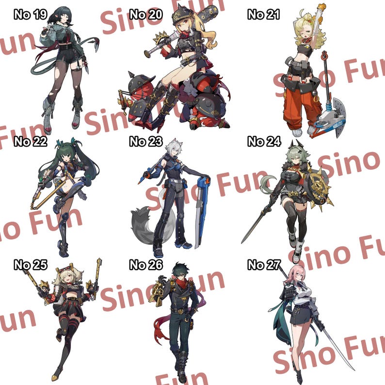 May include: A collection of nine anime-style character illustrations, each numbered. The characters are depicted in various action poses, wearing detailed outfits with weapons and accessories. The color palette includes black, red, and gold.