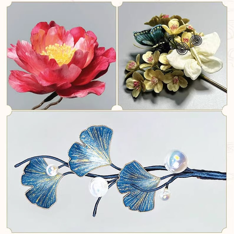 May include: A collection of three decorative hair accessories. The top left features a large red and yellow flower. The top right shows a floral arrangement with butterflies. The bottom shows a blue and gold leaf branch with pearls.