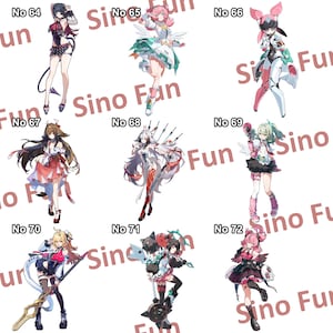 May include: A collection of nine anime-style character illustrations, each numbered and featuring unique outfits and poses. The characters are depicted in various colors, with elements of fantasy and futuristic design. The text "Sino Fun" is visible in the background.