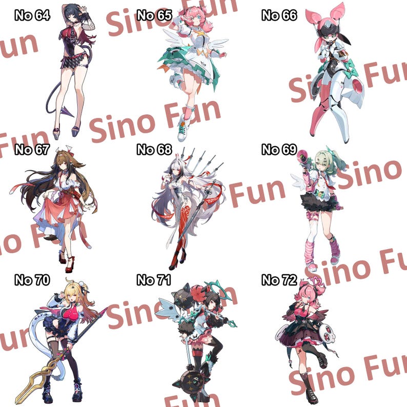 May include: A collection of nine anime-style character illustrations, each numbered and featuring unique outfits and poses. The characters are depicted in various colors, with elements of fantasy and futuristic design. The text "Sino Fun" is visible in the background.