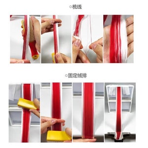 May include: A series of images demonstrating the process of applying red and white hair extensions. The steps include combing, separating strands, and securing the extensions. The text in the image is in Japanese.