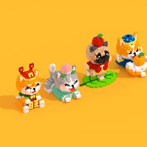 May include: Four pixelated dog figurines dressed in traditional Chinese clothing. The dogs are a pug, a husky, and two corgis. The figurines are standing on a yellow background.