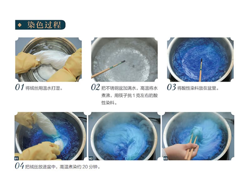 May include: A step-by-step guide to dyeing fabric. The process includes wetting the fabric, adding dye to boiling water, and dyeing the fabric for 20 minutes. The text in the image is in Chinese.