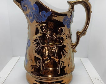 1880 Copper Luster "Tänzer" Krug mit blauem Emaille