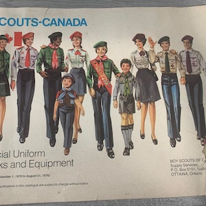 May include: A vintage Scouts Canada brochure featuring a group of children wearing the official uniform. The brochure advertises "Official Uniform Books and Equipment" and includes the text "Effective September 1, 1975 to August 31, 1976".